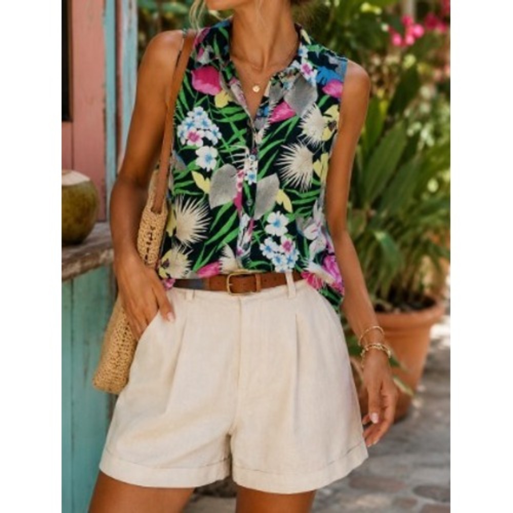 IZOD Women 100% Washable Silk Tropical Floral Sleeveless Button Down Blouse 4